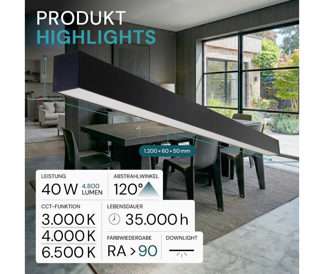 LUXULA LED-Hängeleuchte 40W Schwarz CCT Farbwechsel 120cm