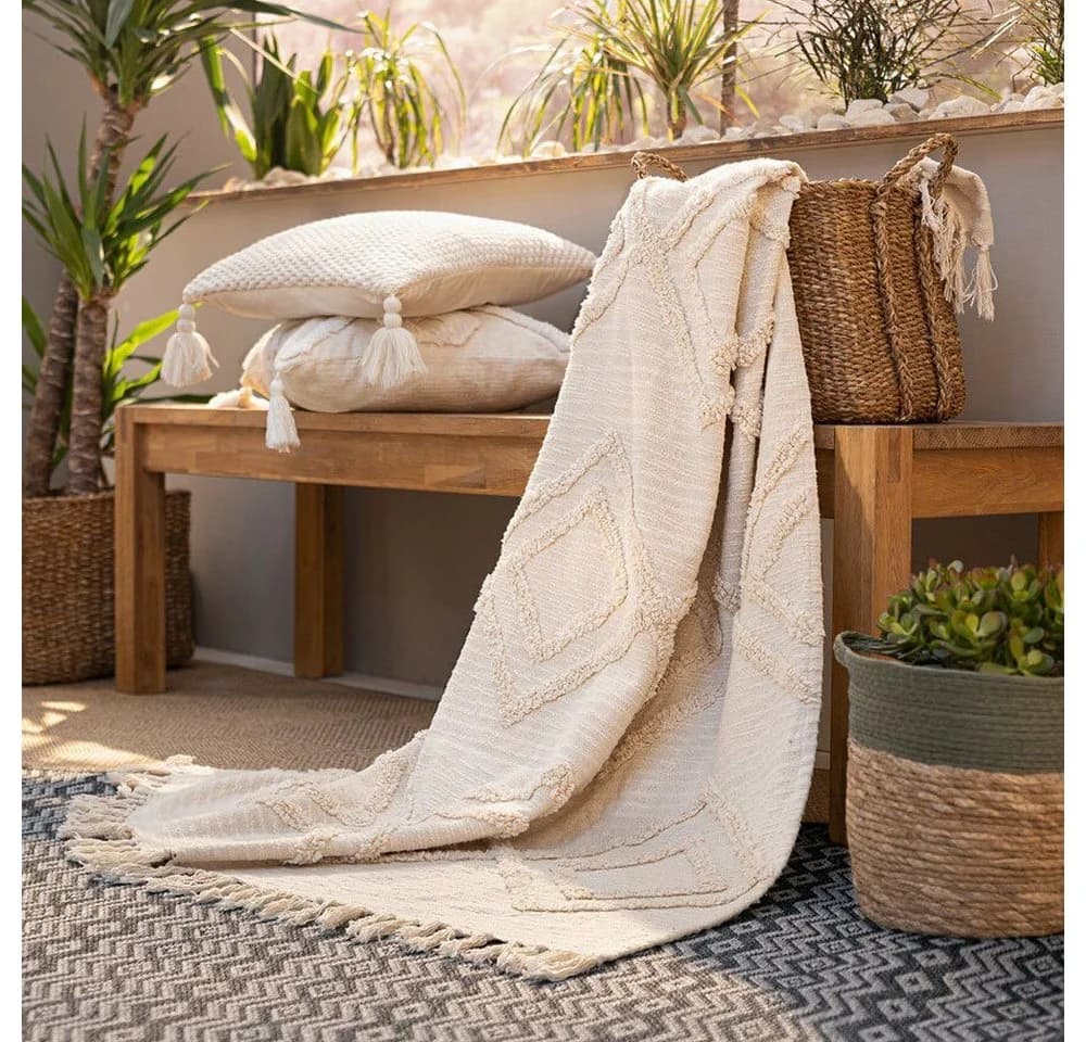 Wohndecke Boho Stil Webdecke Creme Makramee