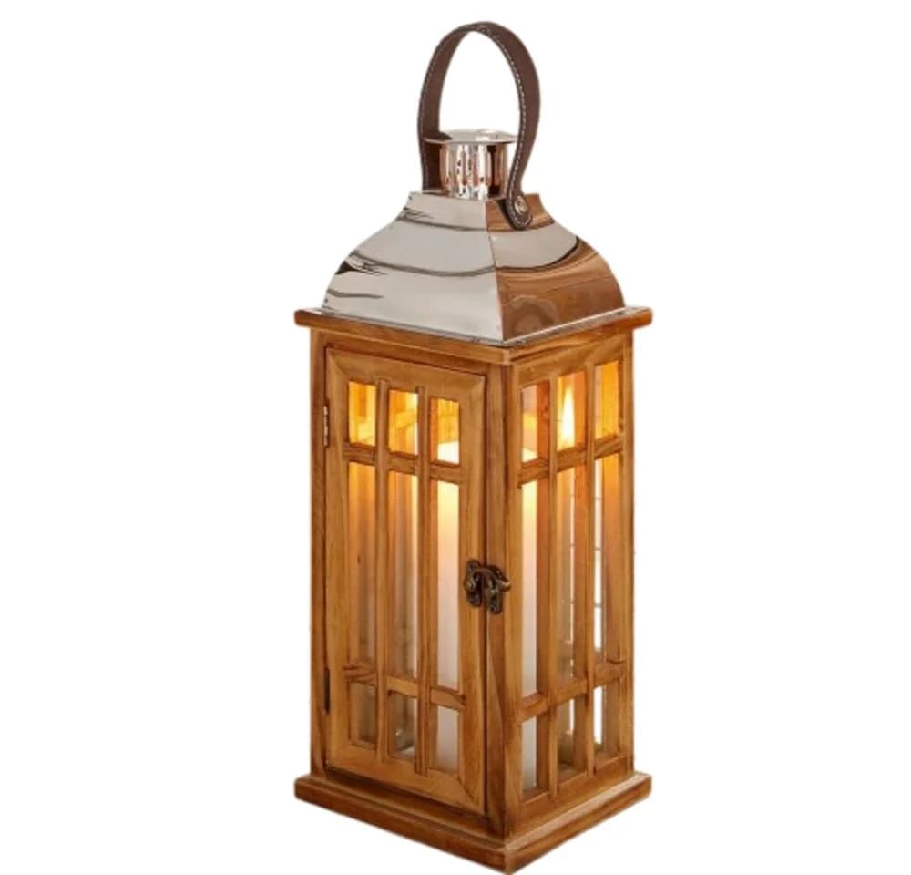 Home-trends24.de Holz-Kerzenlaterne mit Glas und Ledergriff - Bild 2