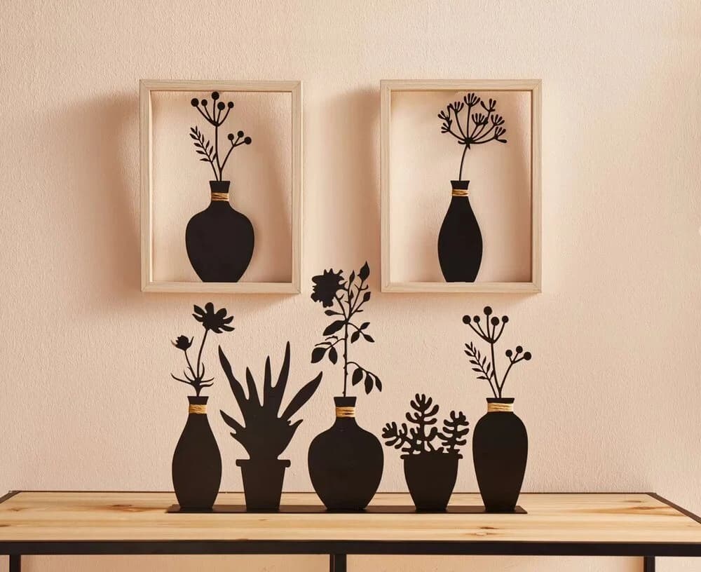 Home-trends24.de Metall Deko-Board mit Vasen Silhouette Schwarz