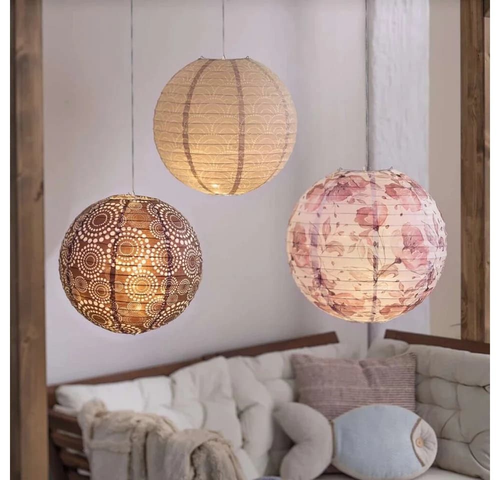 Home-trends24.de Lampion 3er Set Papier Florales Muster Braun/Rosa/Creme