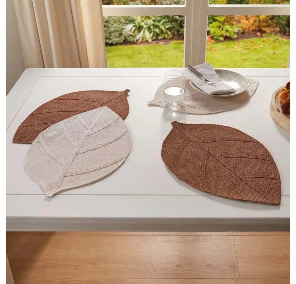 Home-trends24.de Platzset 4er Set Jute Braun Weiß Blattform Tischset