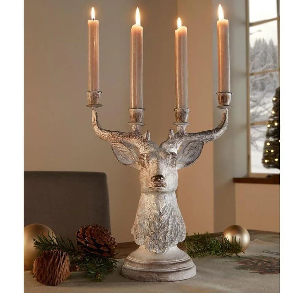 Home-trends24.de Hirsch Kerzenständer Silber Polyresin
