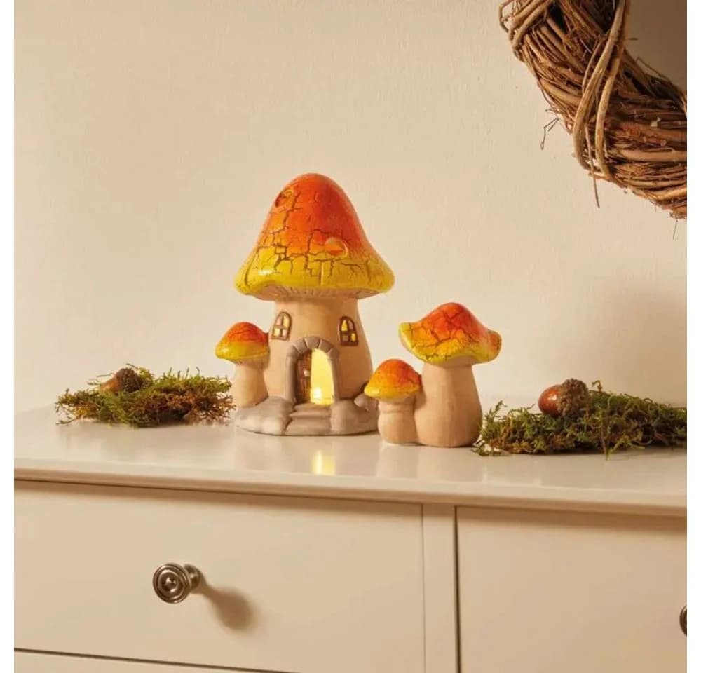 Home-trends24.de LED Dekofigur Pilz Haus 2er-Set Terrakotta