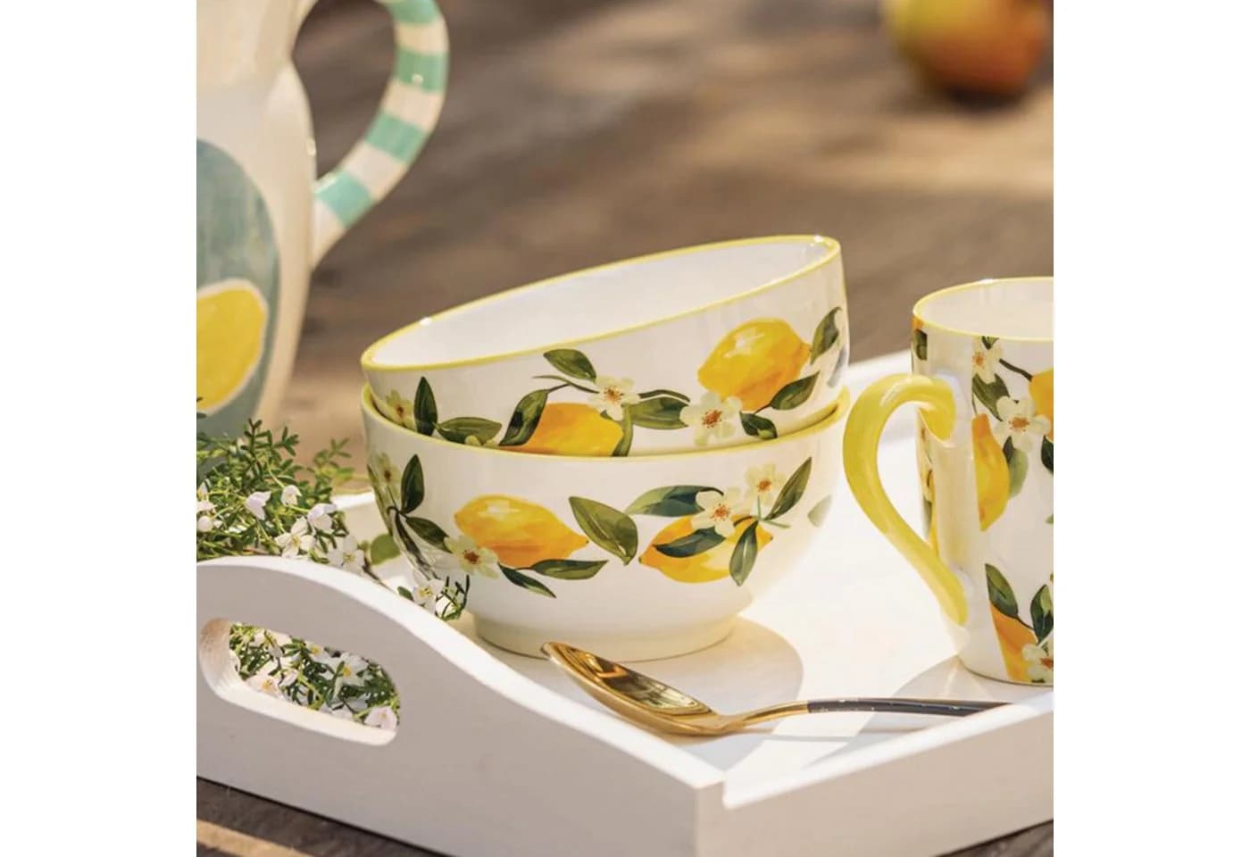 Home-trends24.de Geschirr-Set Lemon Steingut 2er-Set Gelb/Weiß