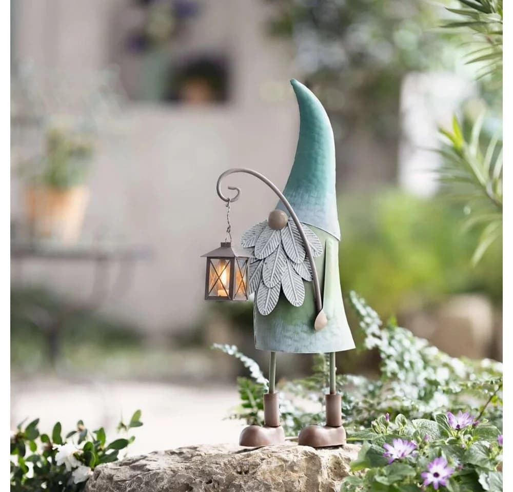 Home-trends24.de Gartenfigur Wichtel mit Laterne Grün/Braun Metall