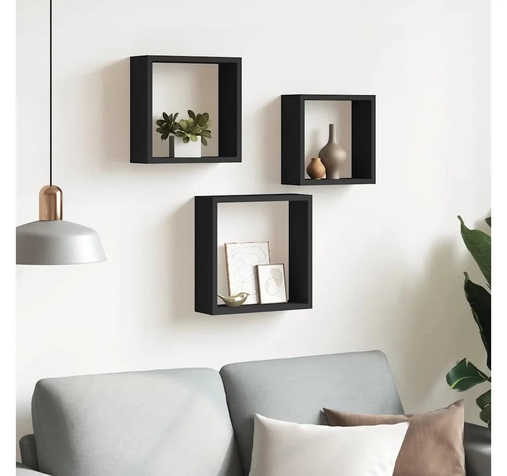 furnicato Regalwürfel 3er Set Schwarz Unsichtbare Wandhalterung - Bild 3