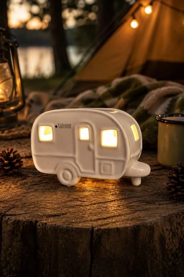 TIZIANO - DESIGN & EMOTIONS Dekofigur Wohnwagen Caso mit LED creme-weiß