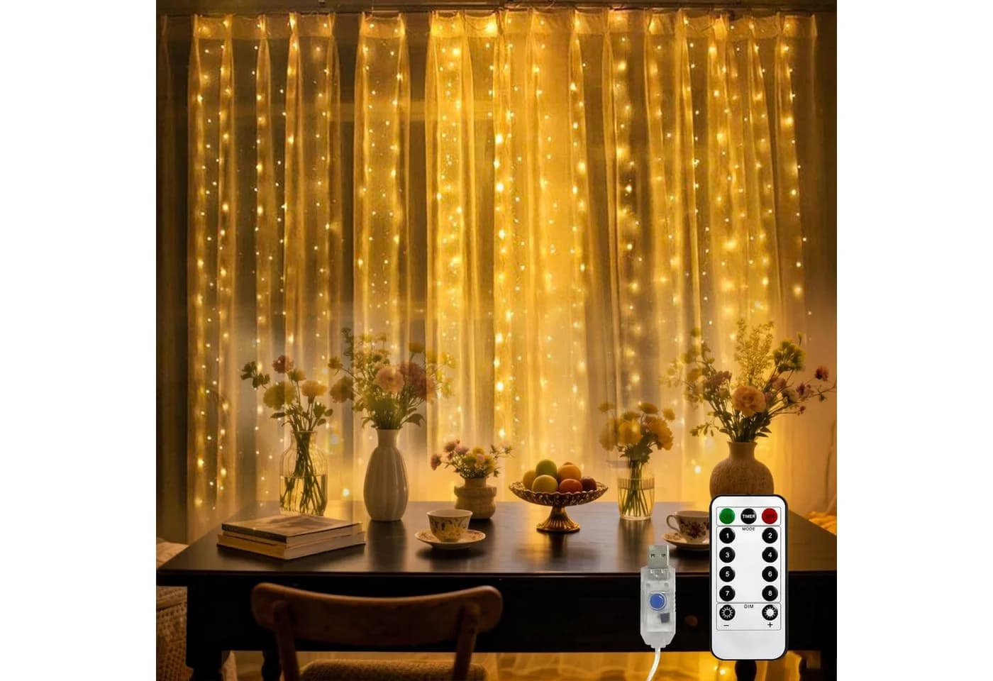 LQWELL LED-Lichtervorhang 3x3m 300 LEDs Warmweiß mit Fernbedienung