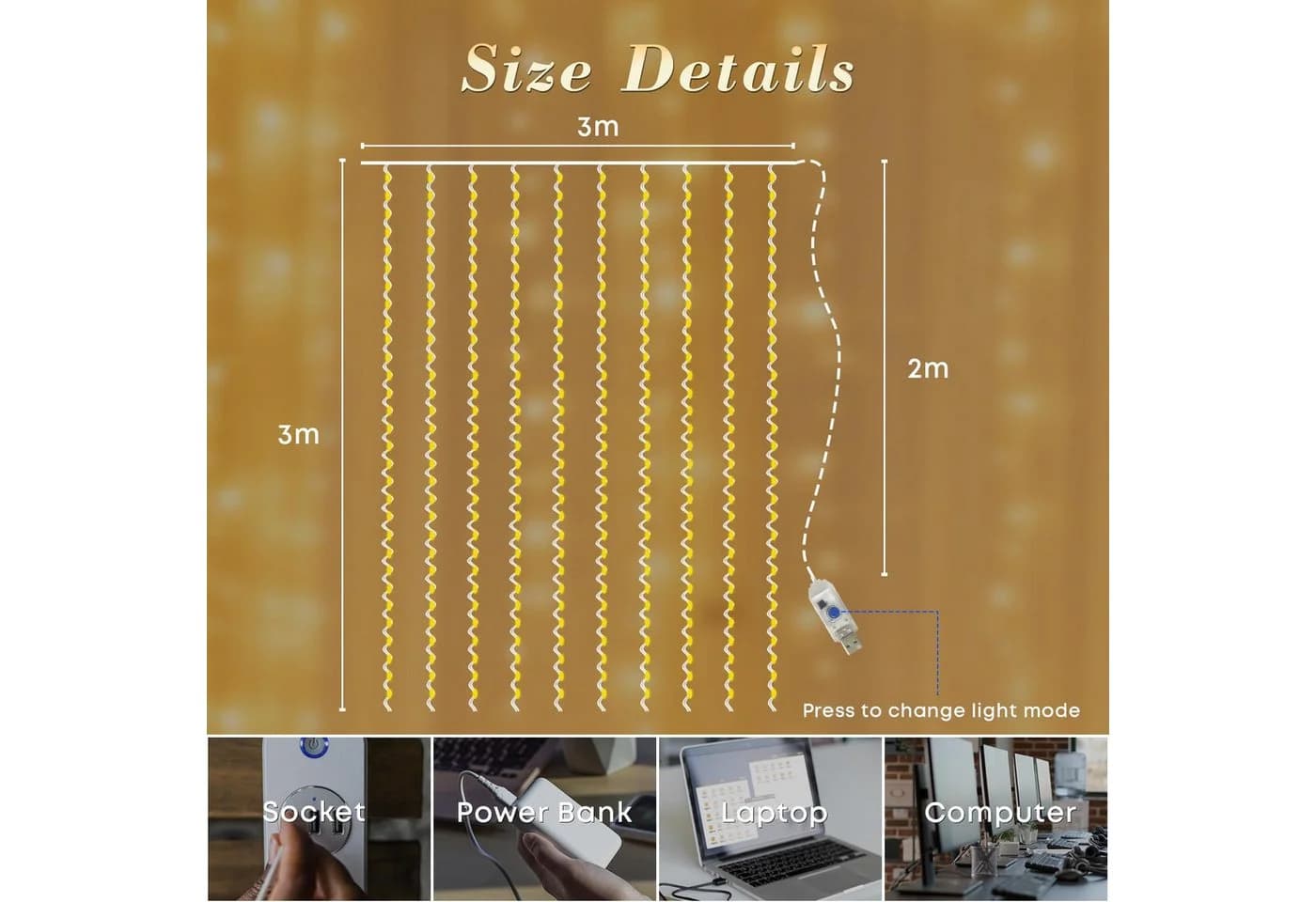 LQWELL LED-Lichtervorhang 3x3m 300 LEDs Warmweiß mit Fernbedienung - Bild 4
