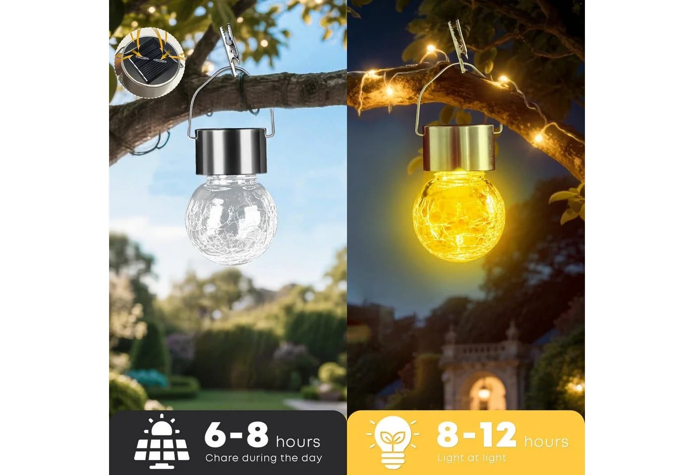 LQWELL LED Solarleuchte Außen Warmweiß Crackle Glaskugel Laterne