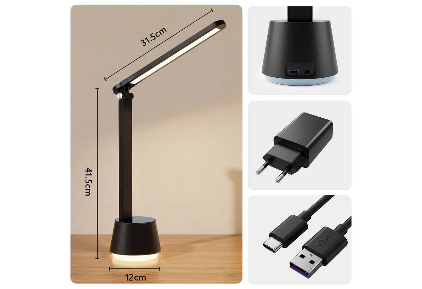 LQWELL LED Schreibtischlampe Schwarz Dimmbar mit USB - Bild 3