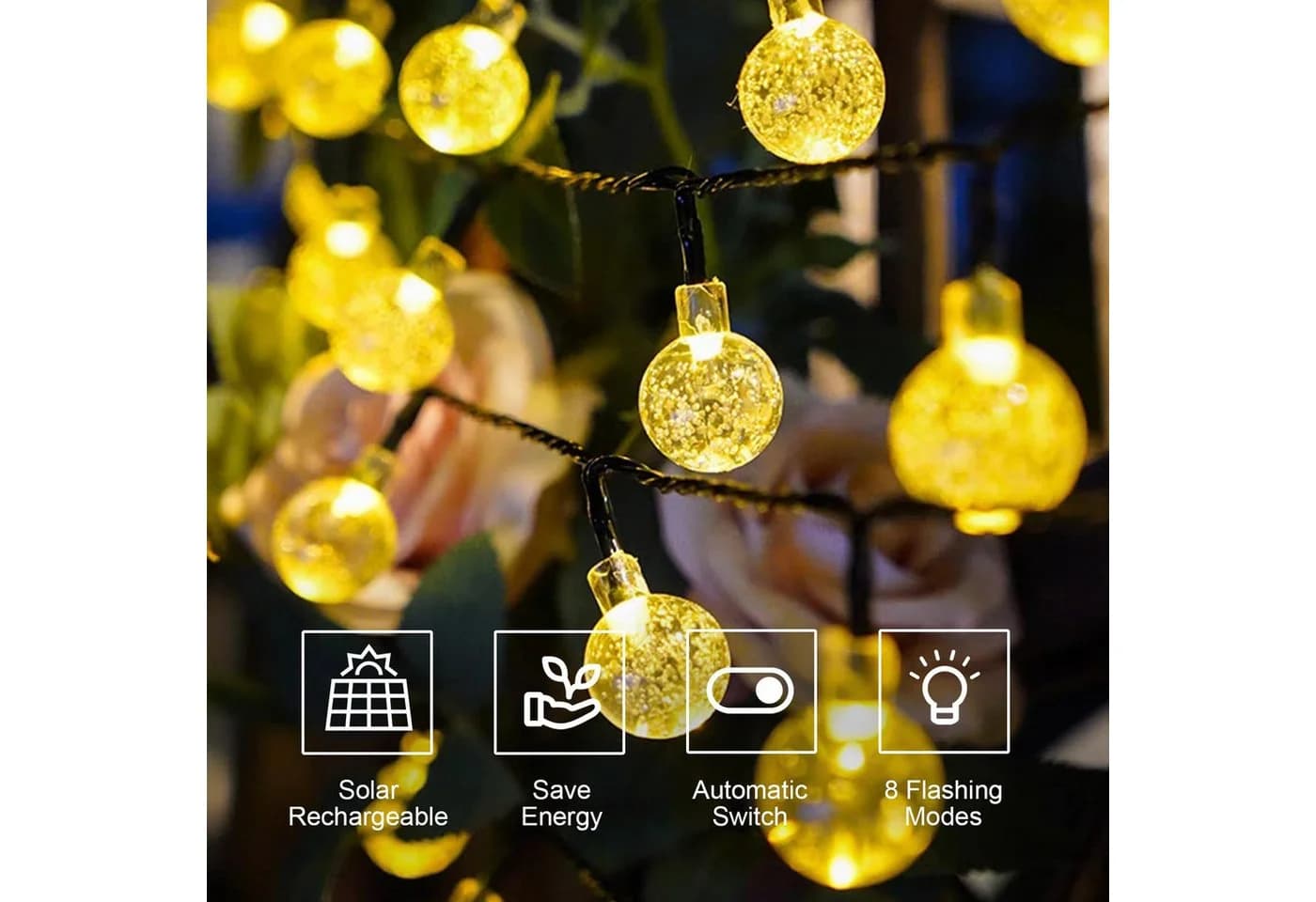 LQWELL LED Solarleuchte LED Kugeln Lichterkette Aussen Solar Gartenleuchte, Solar Kettenlicht Kristall Kugeln, LED fest integriert, Warmweiß, 15LED 5M 33FT 8 Modi Lichterkette