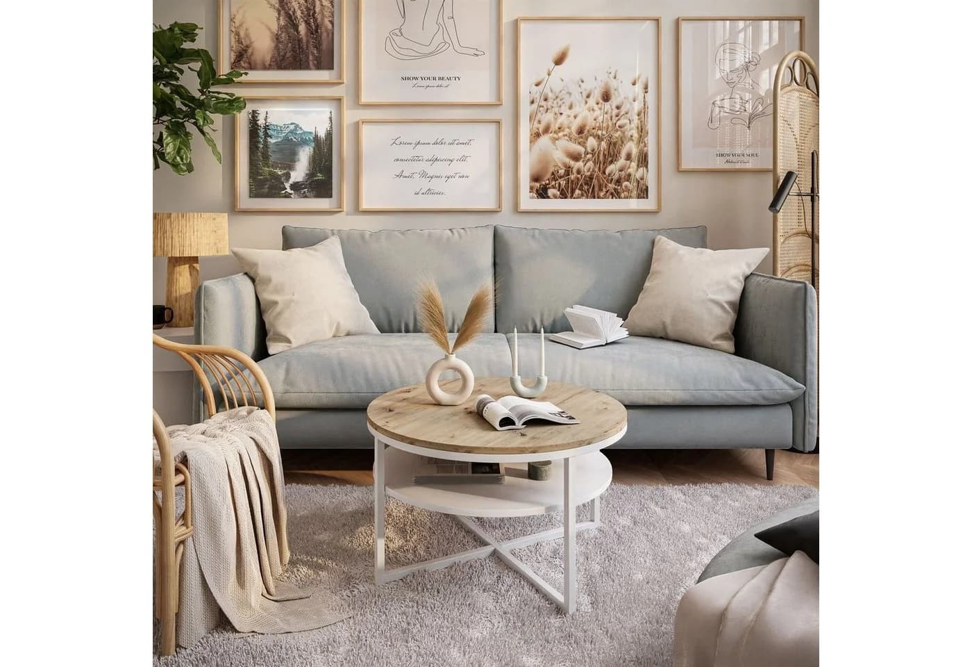 yourhouse24 Couchtisch Rund Industrial Design Metallgestell Eiche