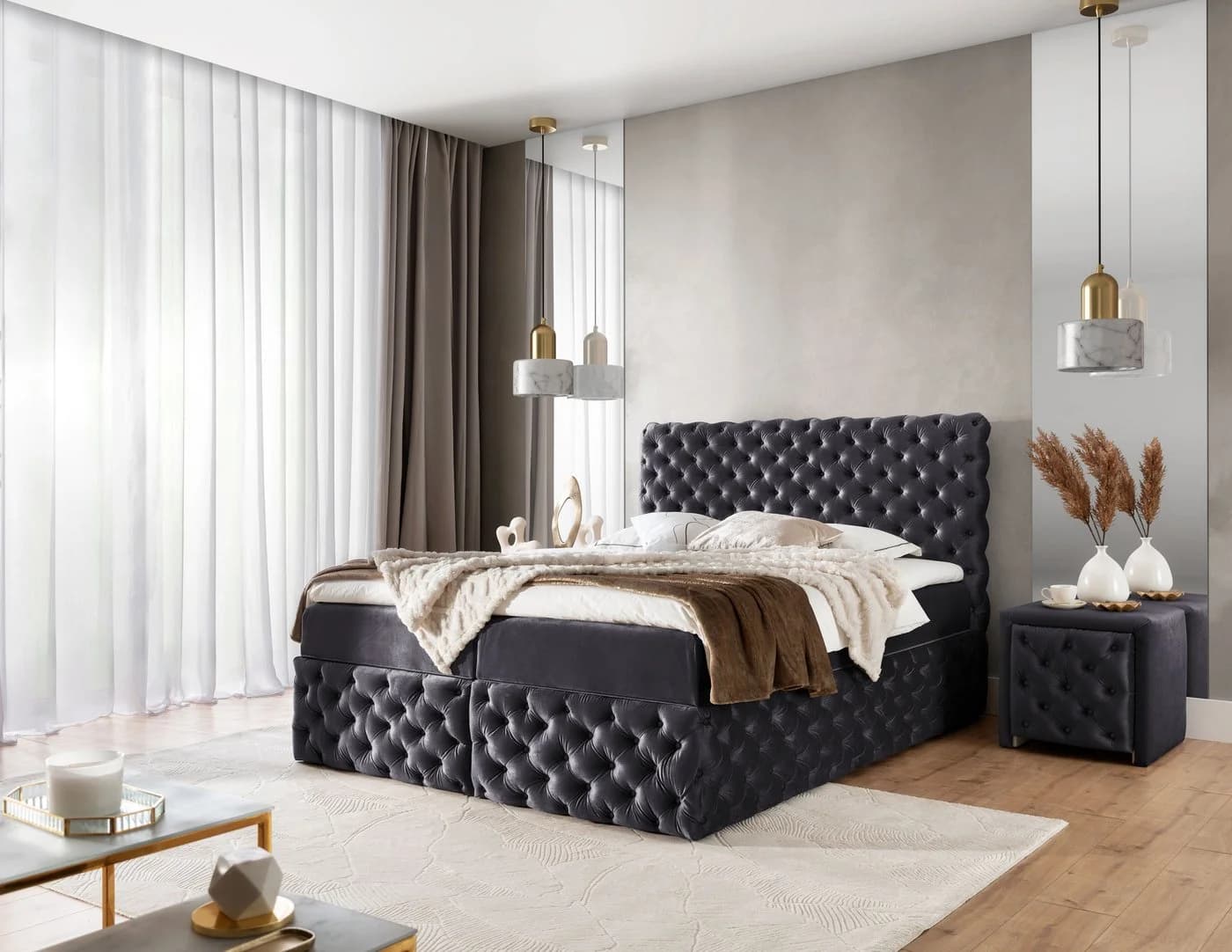 yourhouse24 Boxbett Castel Chesterfield Velours grau mit Bettkästen - Bild 2