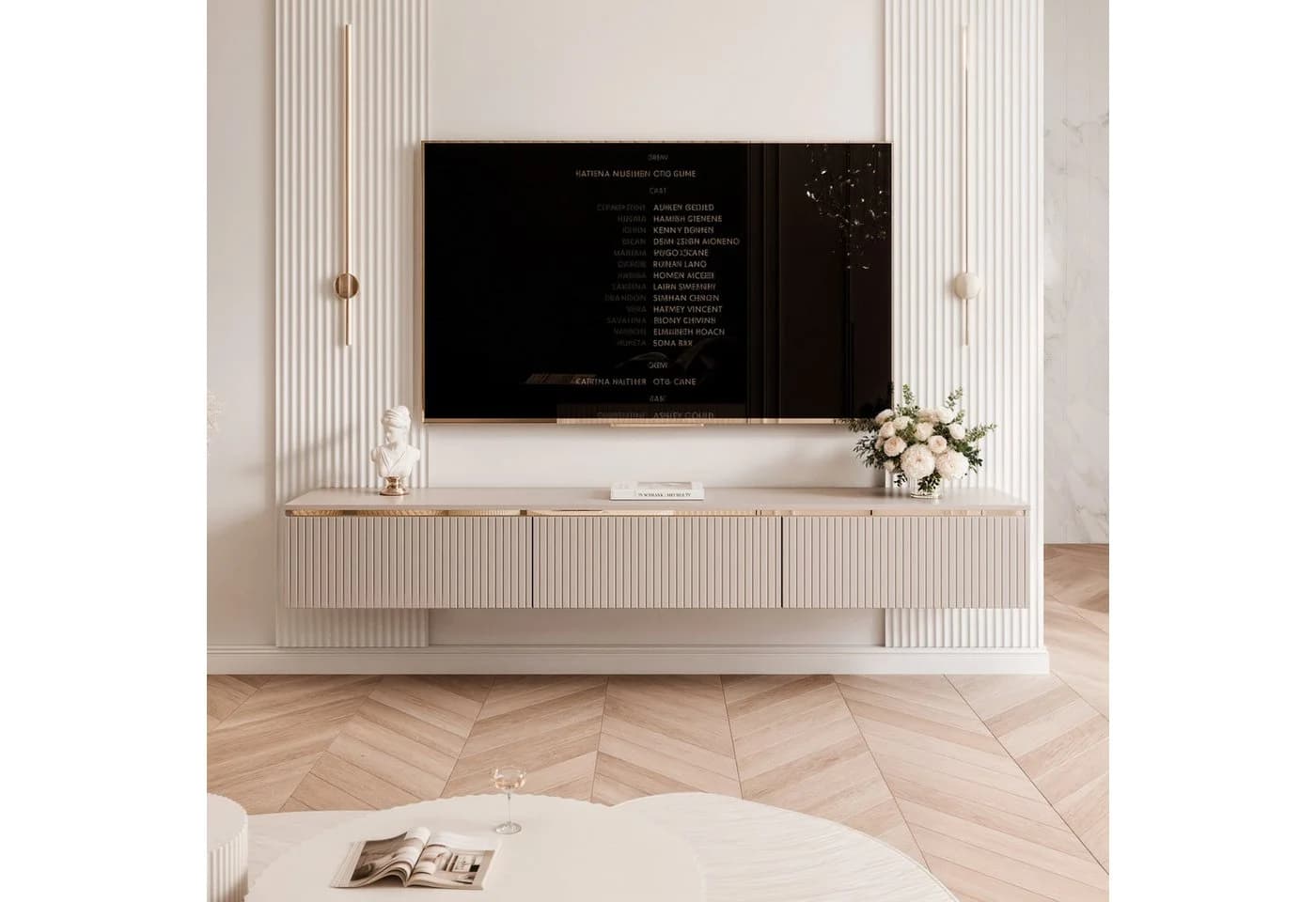 yourhouse24 Lowboard SELIA 200 Kaschmir 3D-Riffelung Gold-Akzente