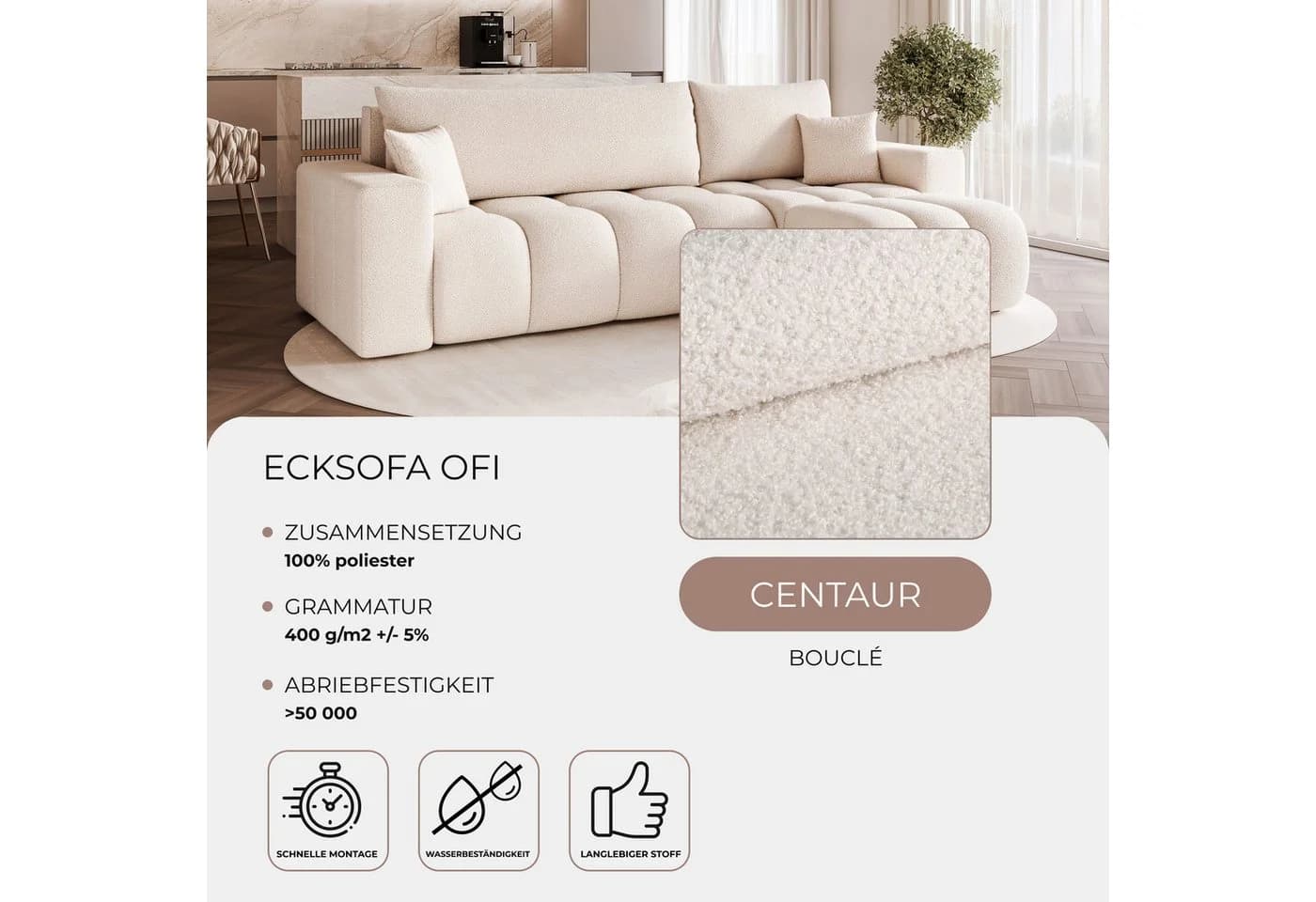 yourhouse24 Ecksofa OFI L Bouclé Schlaffunktion Creme - Bild 5