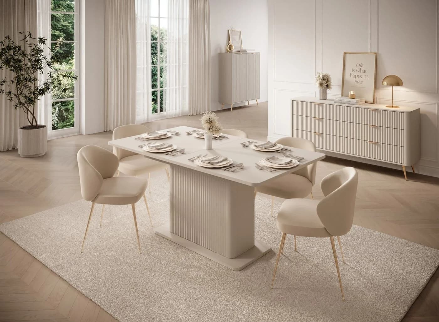 yourhouse24 Esstisch Lante Beige Ausziehbar Geriffelter Säulenfuß