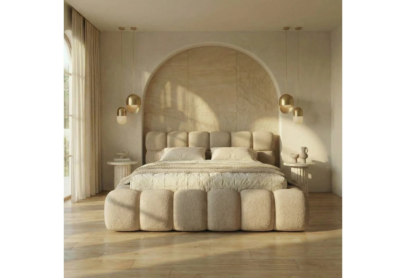 yourhouse24 Polsterbett Boston Slim Bouclé Beige mit Bettkasten