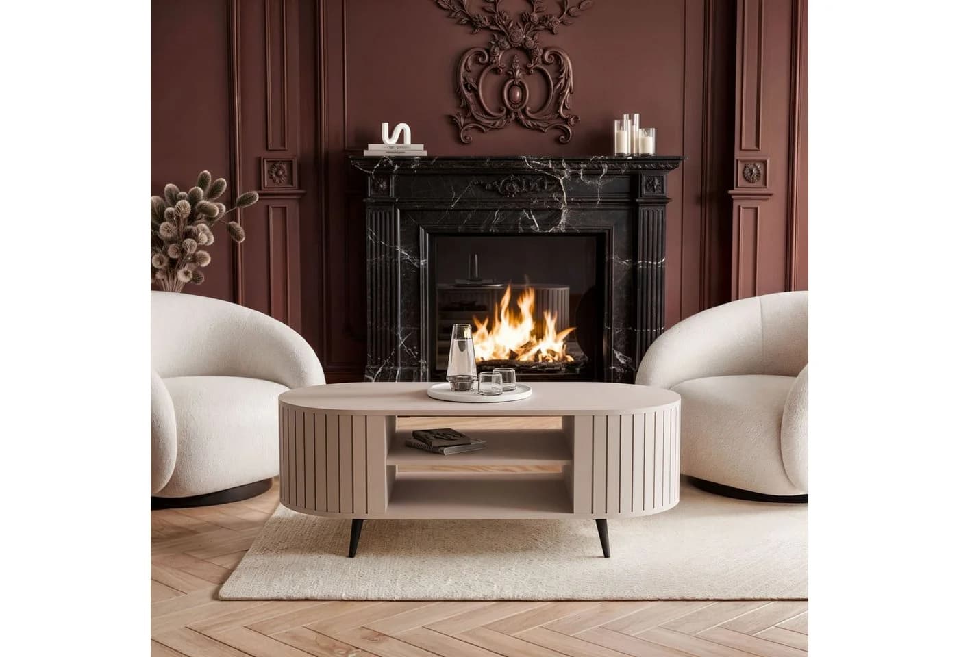 yourhouse24 Couchtisch LINNEA Oval 104cm mit Ablage Lamellen