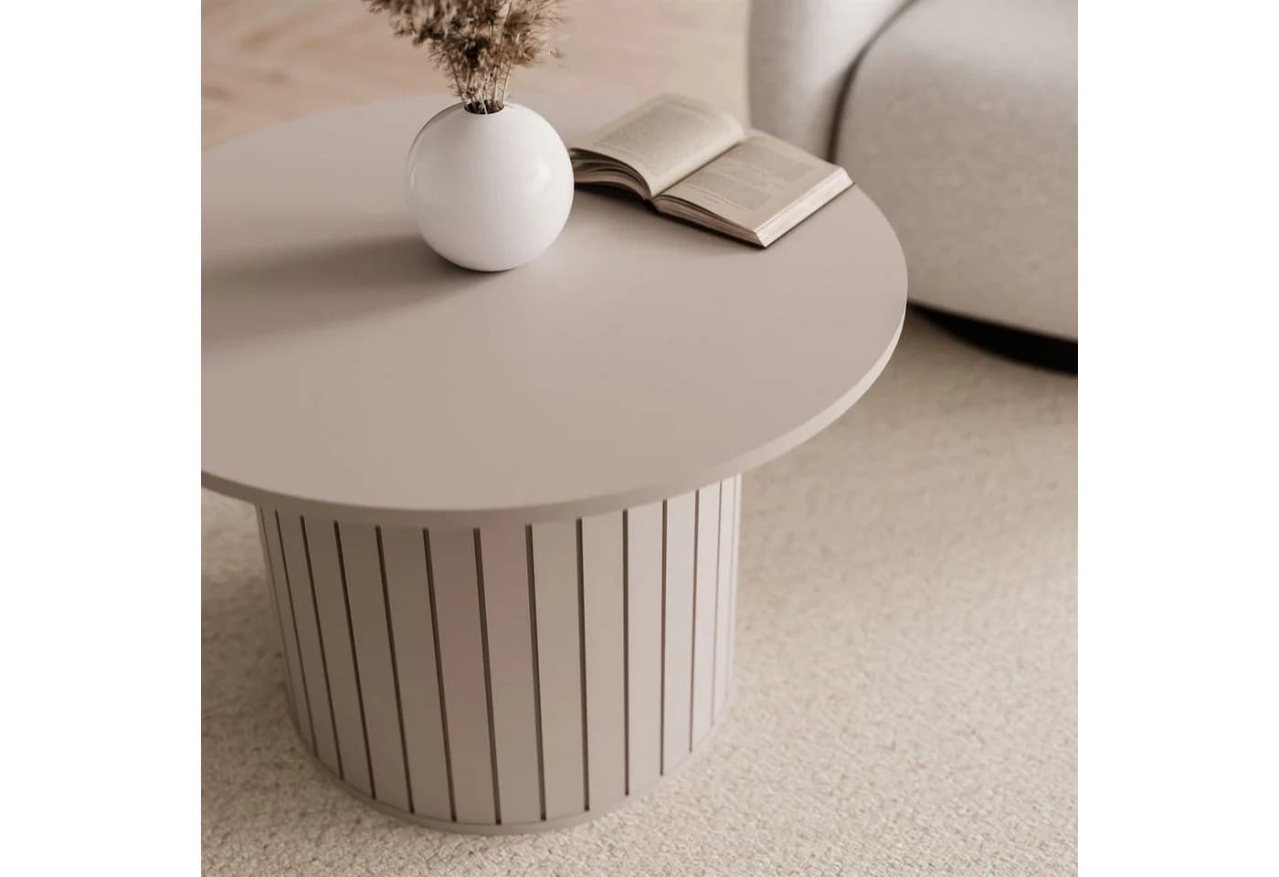 yourhouse24 Couchtisch LINNEA Rund Ø70cm Säule Lamellen Kaschmir/Schwarz