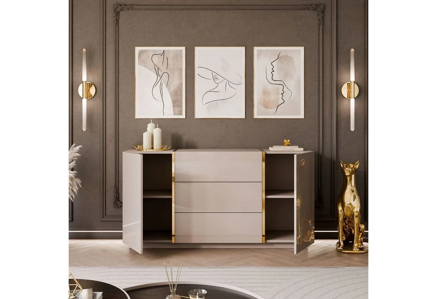 yourhouse24 Kommode ONYX Kaschmir mit goldenen Beinen und Hochglanzfronten