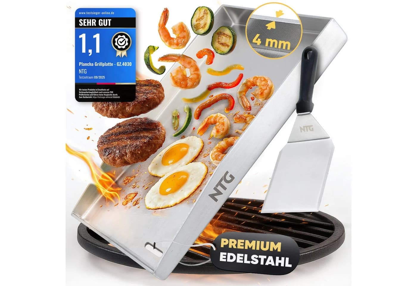 NTG Plancha Grillplatte Edelstahl 40x30cm mit Spachtel - Bild 2