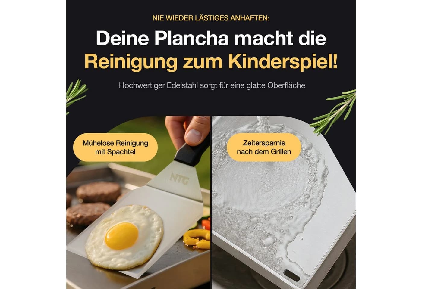 NTG Plancha Grillplatte Edelstahl 40x30cm mit Spachtel - Bild 3