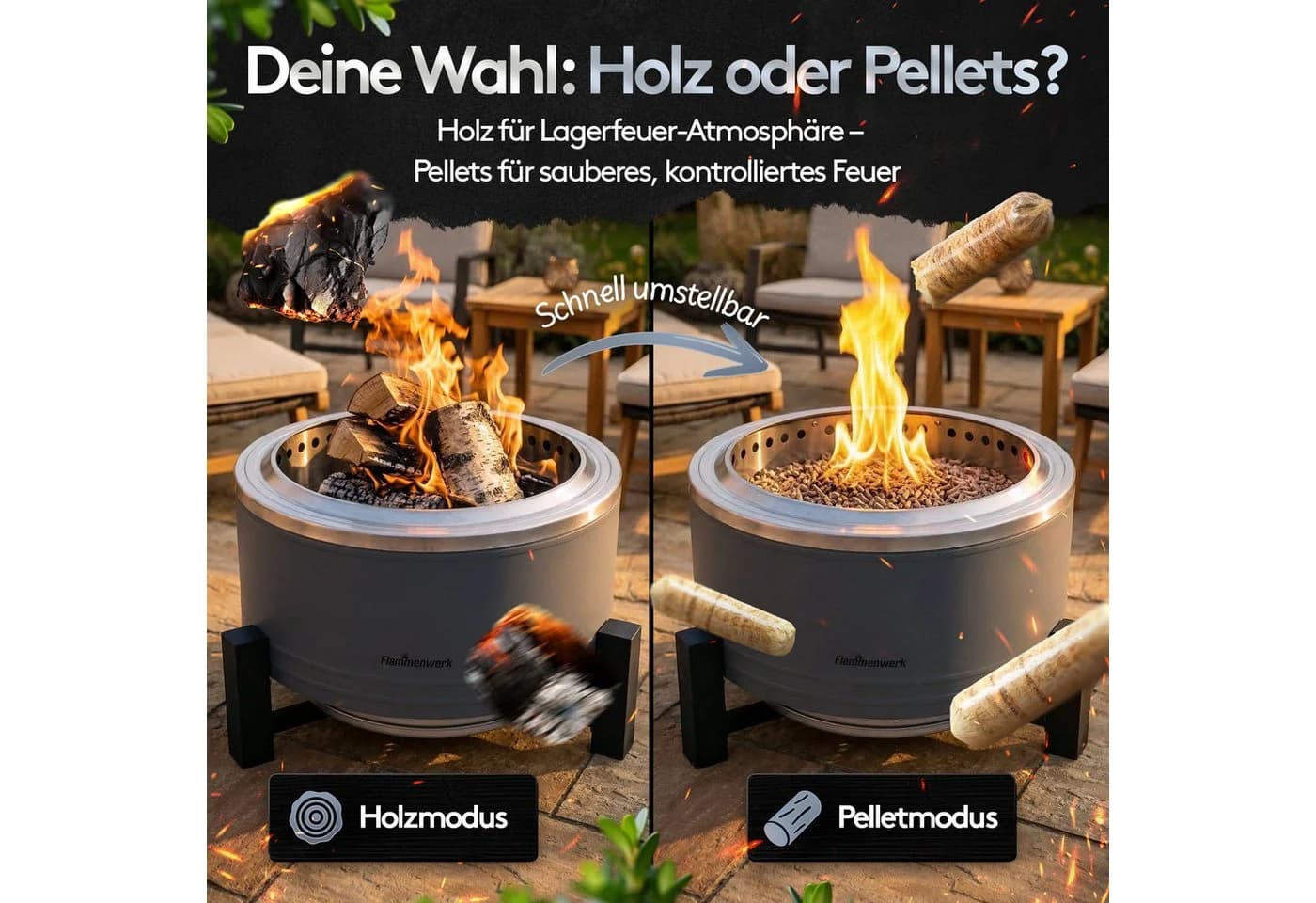 Flammenwerk Rauchfreier Feuerkorb 22 Zoll mit Grillrost & Abdeckung Grau - Bild 5