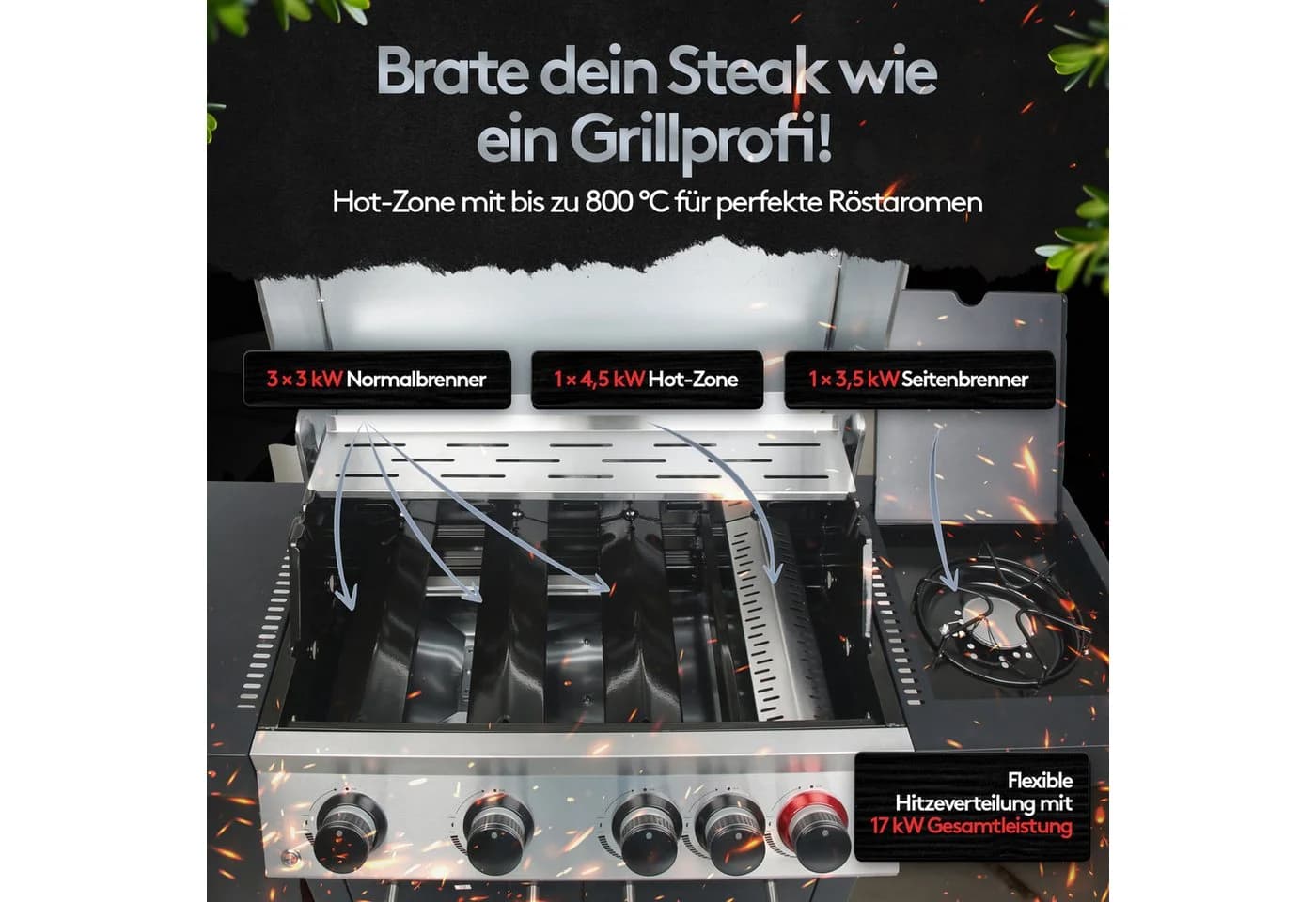 Flammenwerk Gasgrill 4+1 Brenner 17kW Edelstahl Schwarz/Silber