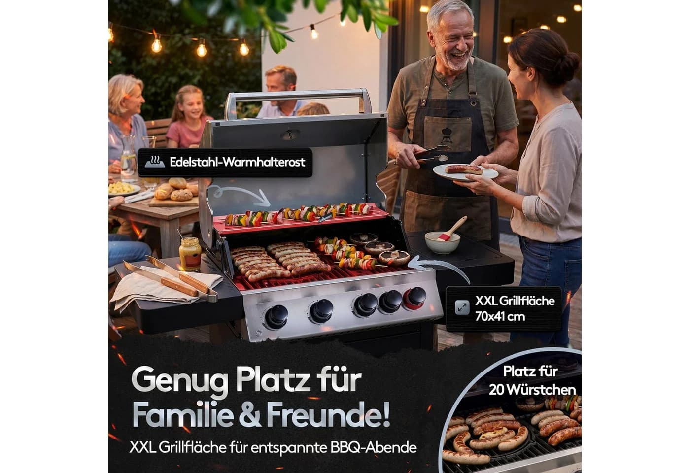 Flammenwerk Gasgrill 4+1 Brenner 17kW Edelstahl Schwarz/Silber - Bild 3