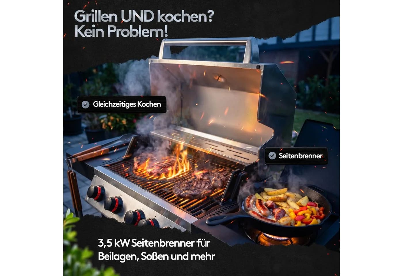Flammenwerk Gasgrill 4+1 Brenner 17kW Edelstahl Schwarz/Silber - Bild 4