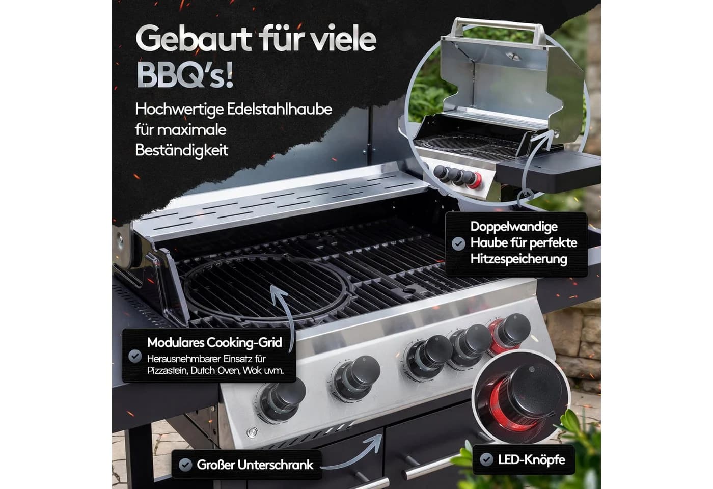 Flammenwerk Gasgrill 4+1 Brenner 17kW Edelstahl Schwarz/Silber - Bild 5