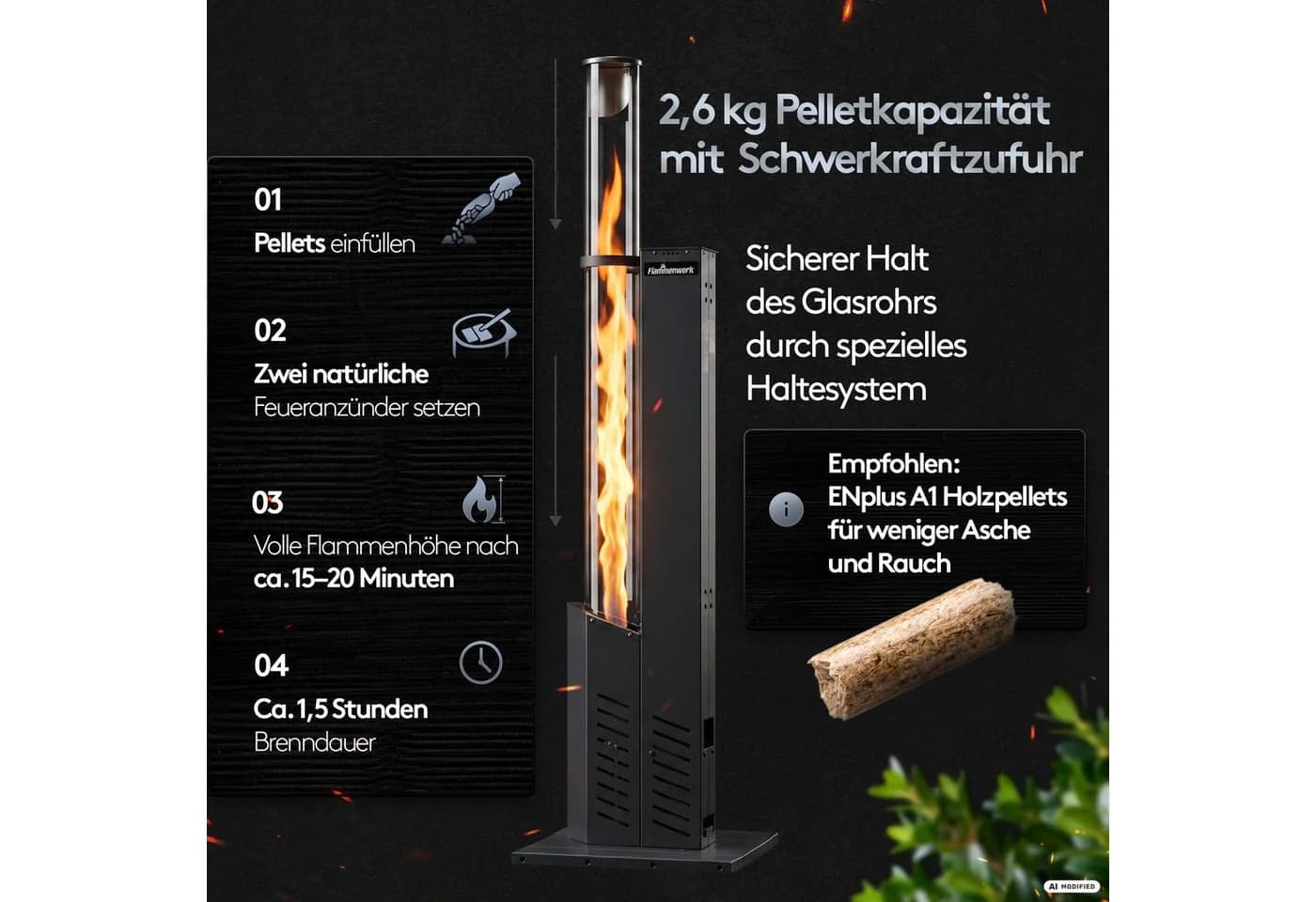 Flammenwerk Pelletfackel FWFR.2800 Grau mit 120 cm Glasrohr - Bild 4