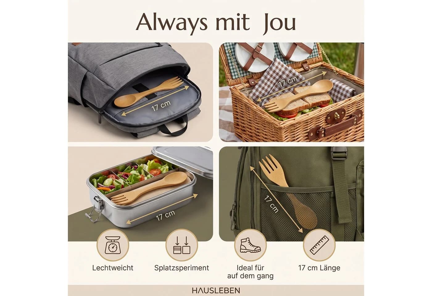 hausleben Campinglöffel 4er Set Bambusbesteck Gabel-Löffel Multibesteck