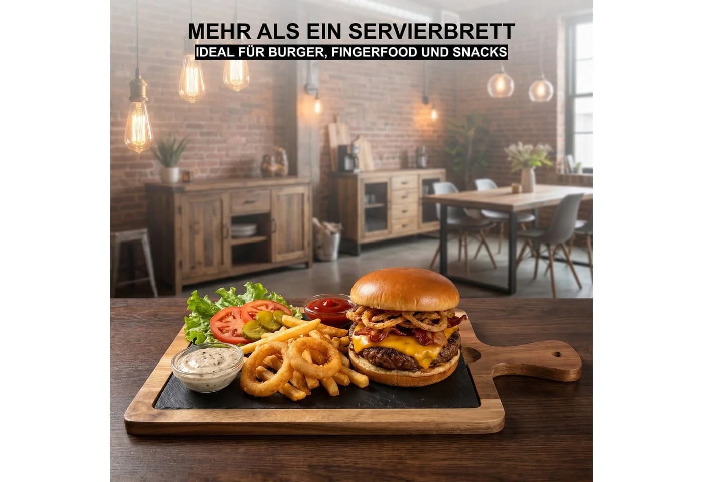hausleben Servierbrett mit Griff 45x15 cm Akazienholz Schiefer