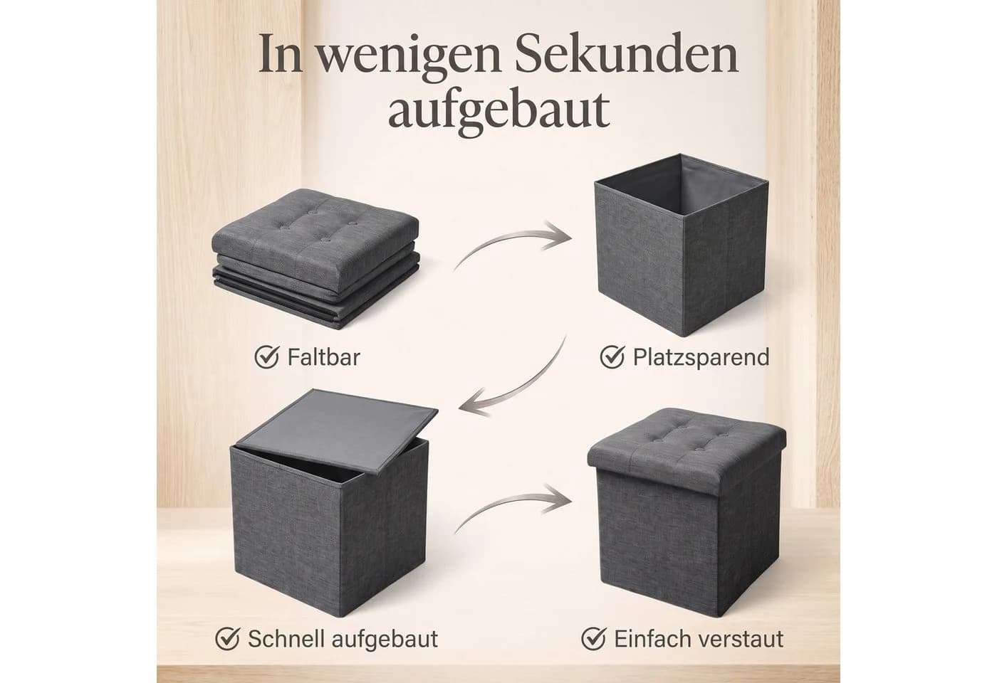 hausleben Sitzwürfel Grau mit Stauraum & Faltbar - Bild 4