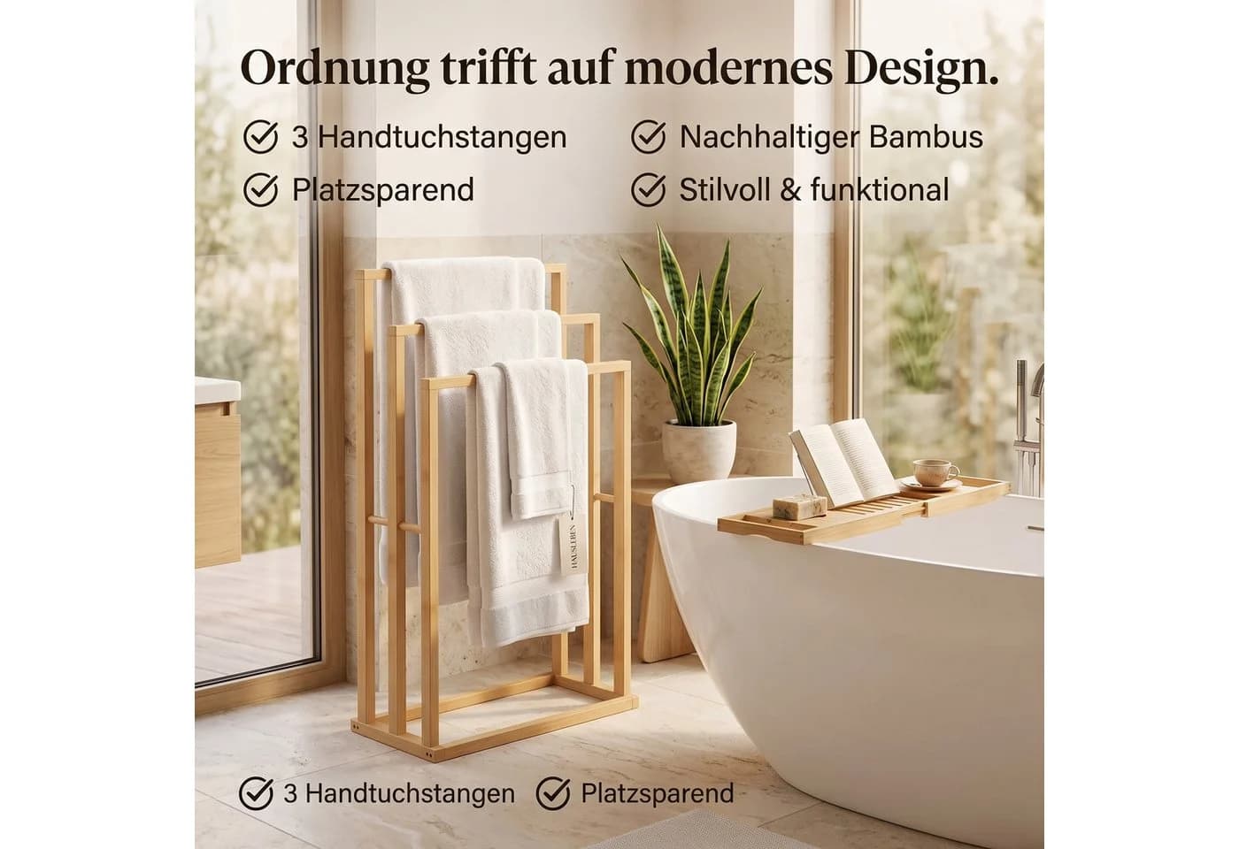 Hausleben Handtuchhalter Bambus 3 Stangen Freistehend