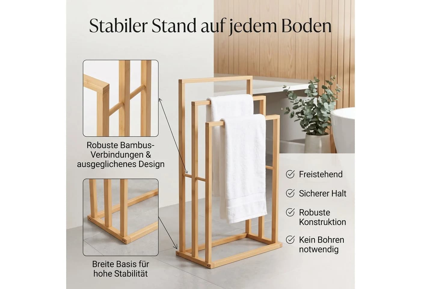 Hausleben Handtuchhalter Bambus 3 Stangen Freistehend - Bild 4