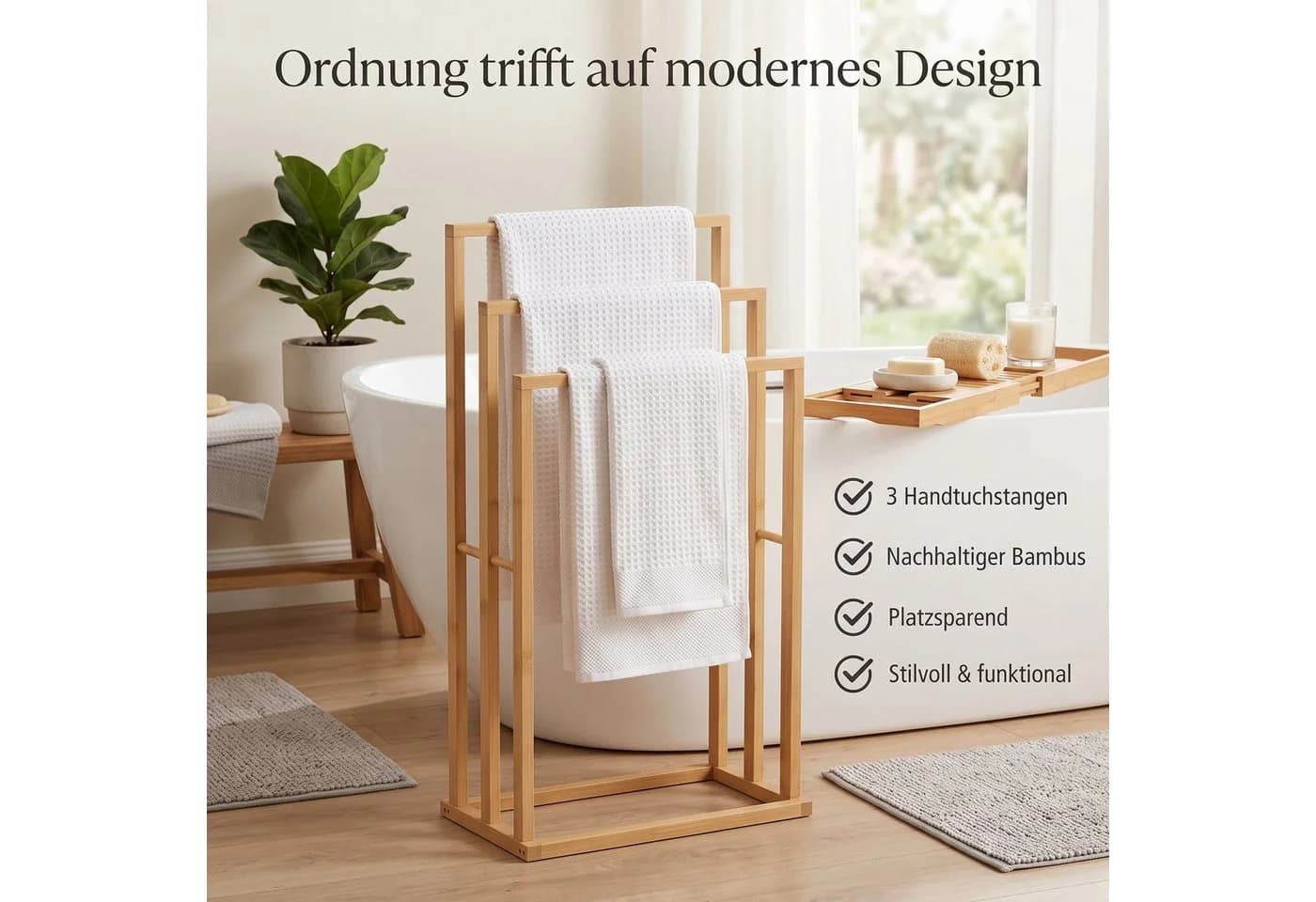 Hausleben Handtuchhalter Bambus 3 Stangen Freistehend - Bild 5