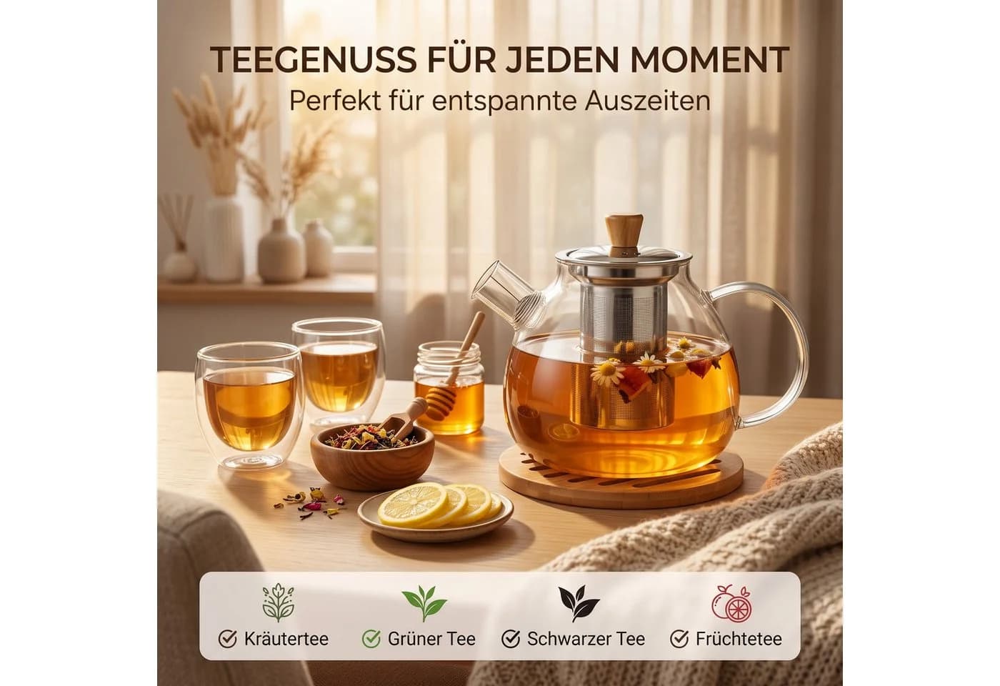 hausleben Teekanne Glas 1,5L mit Edelstahl-Sieb & Bambus-Unterteller
