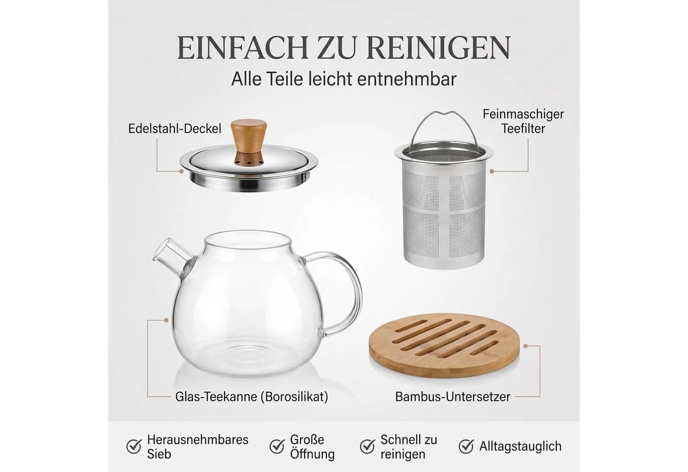 hausleben Teekanne Glas 1,5L mit Edelstahl-Sieb & Bambus-Unterteller - Bild 3