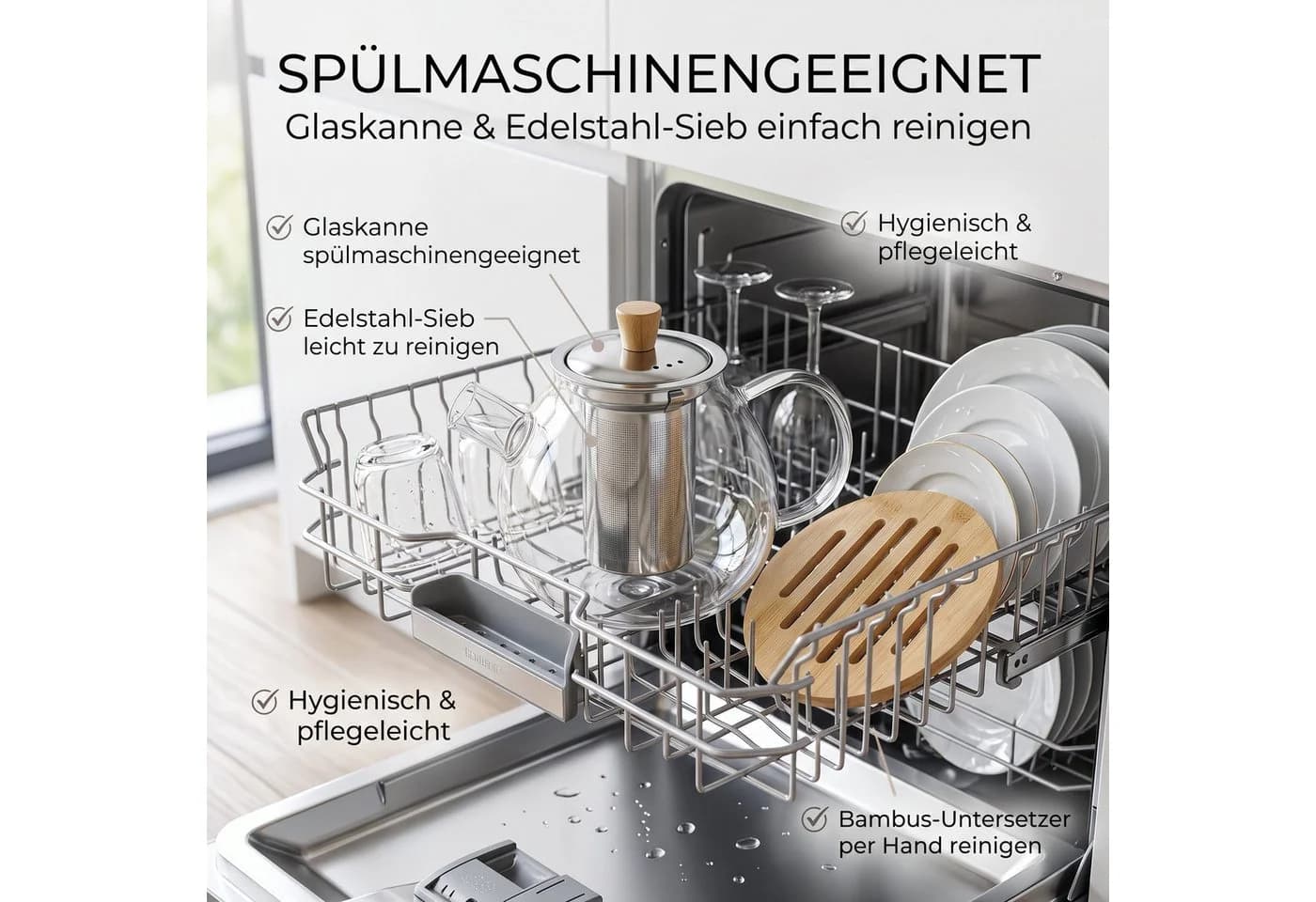 hausleben Teekanne Glas 1,5L mit Edelstahl-Sieb & Bambus-Unterteller - Bild 4