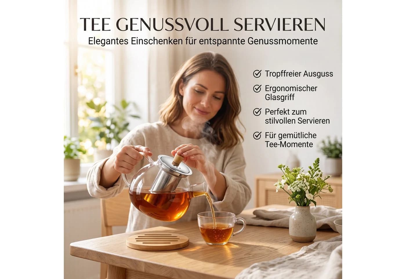 hausleben Teekanne Glas 1,5L mit Edelstahl-Sieb & Bambus-Unterteller - Bild 5