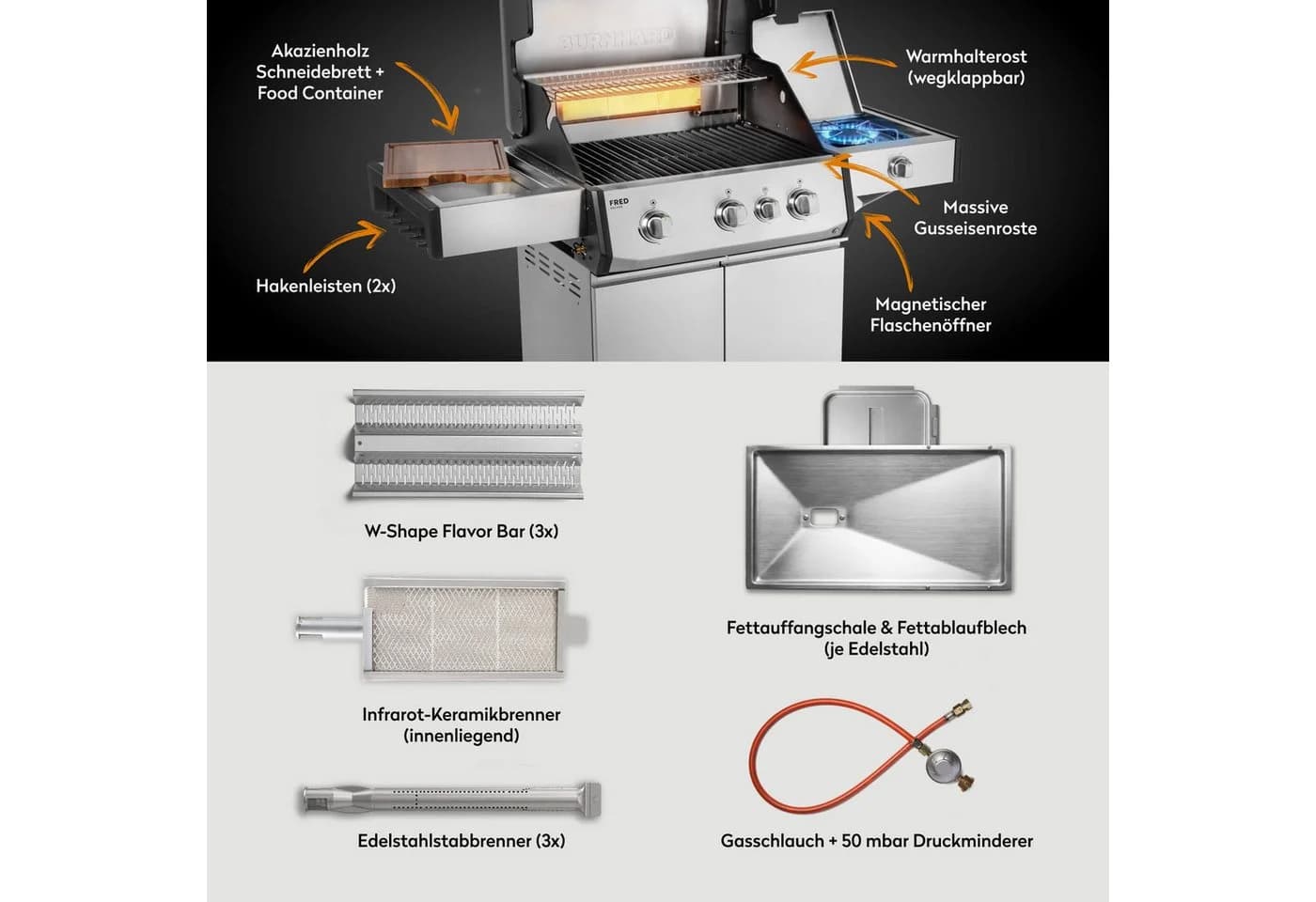 BURNHARD FRED Deluxe Gasgrill 3-Brenner Edelstahl Infrarot - Bild 5