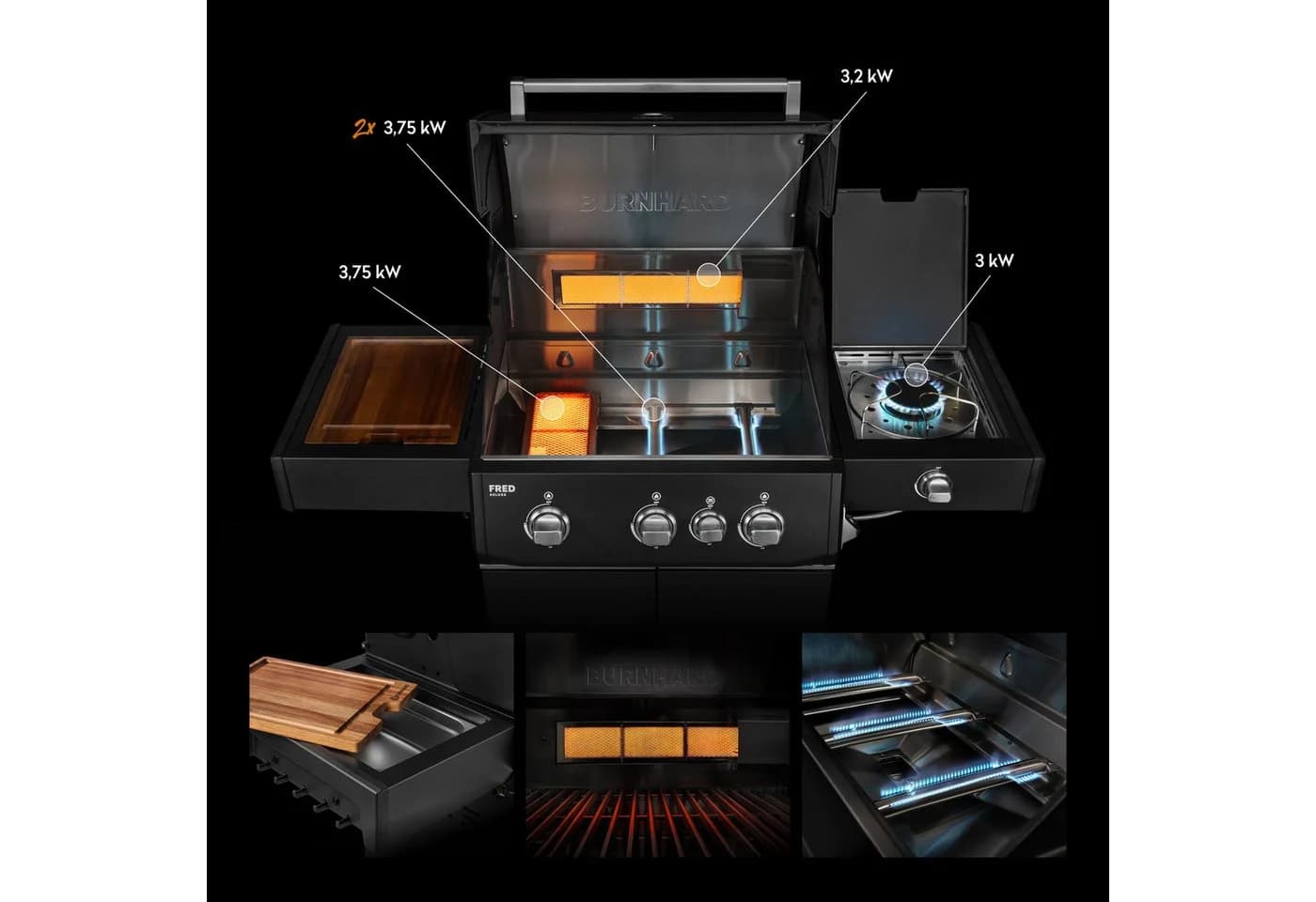 BURNHARD FRED Deluxe Gasgrill 3-Brenner Edelstahl Schwarz