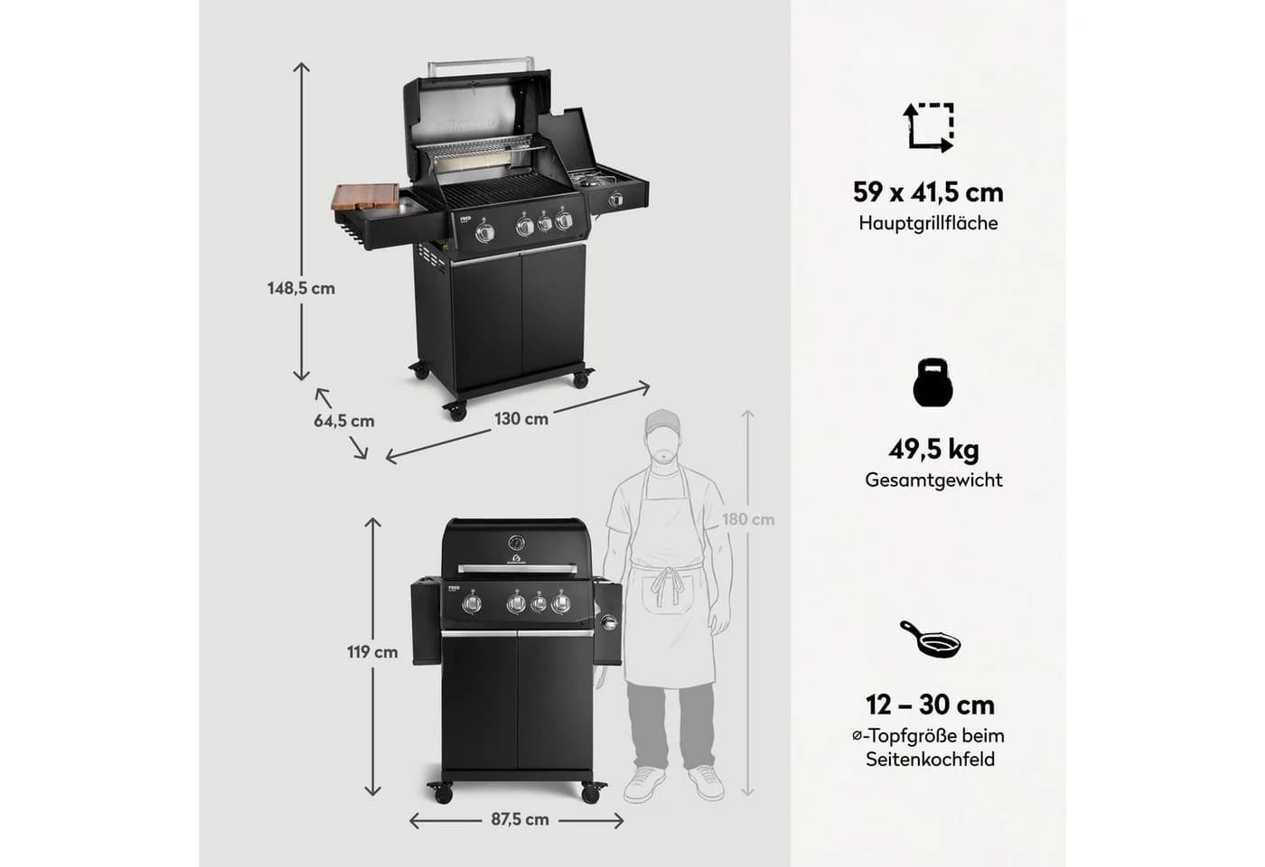 BURNHARD FRED Deluxe Gasgrill 3-Brenner Edelstahl Schwarz - Bild 3
