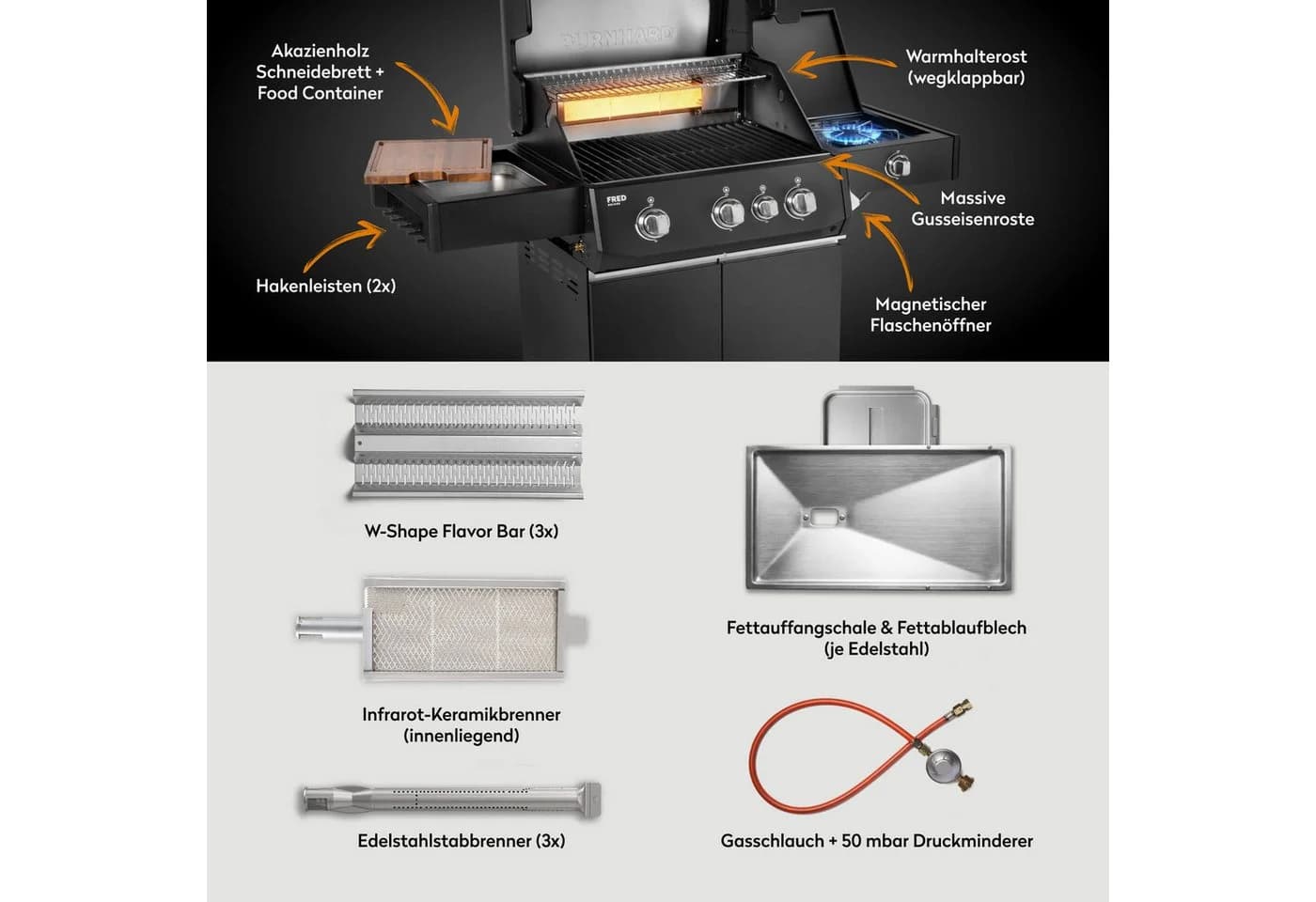 BURNHARD FRED Deluxe Gasgrill 3-Brenner Edelstahl Schwarz - Bild 5