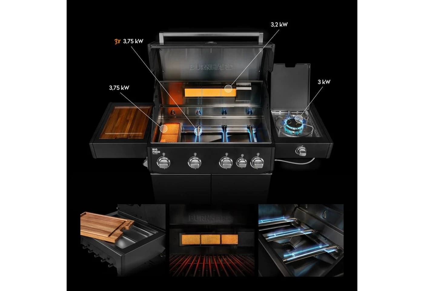 BURNHARD Big FRED Deluxe Gasgrill 4-Brenner Edelstahl Schwarz