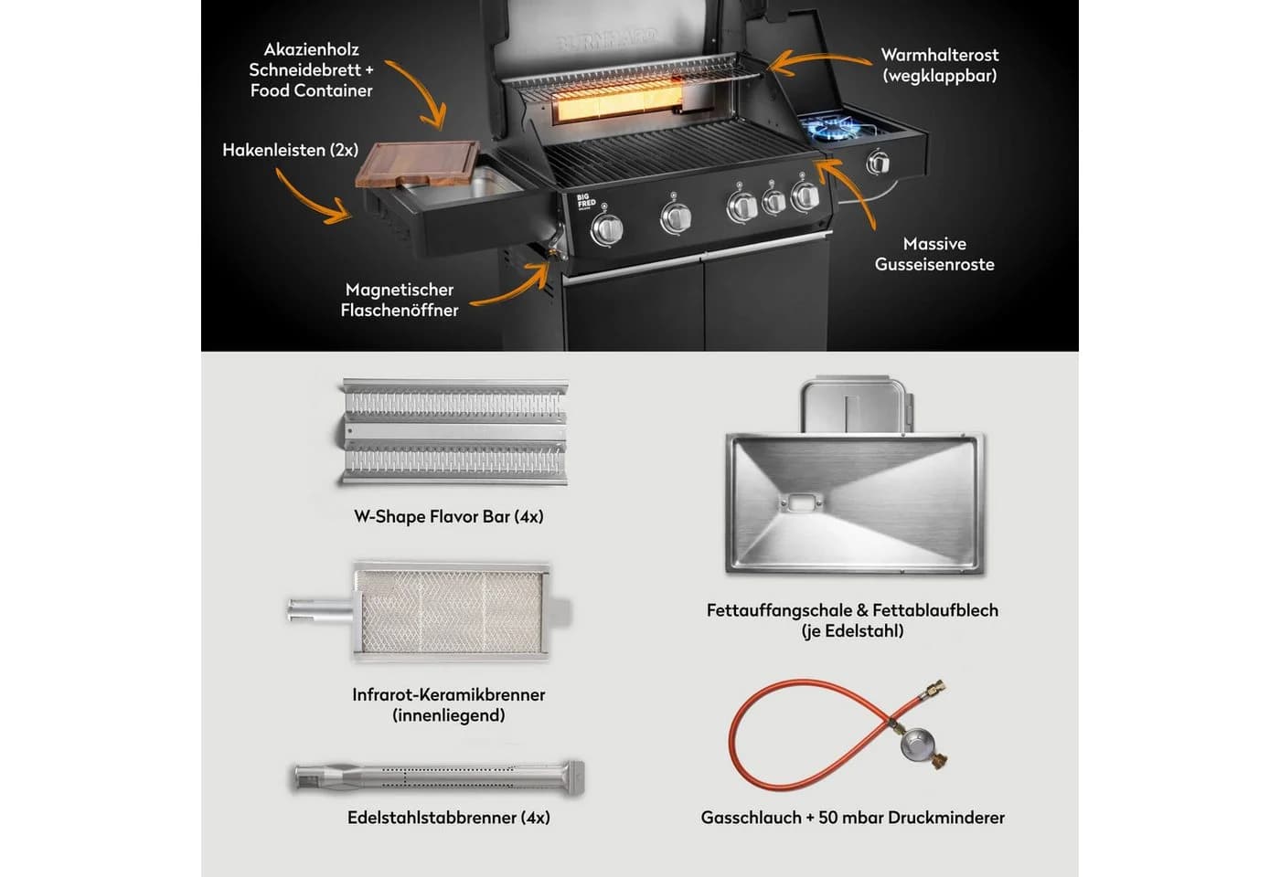 BURNHARD Big FRED Deluxe Gasgrill 4-Brenner Edelstahl Schwarz - Bild 5